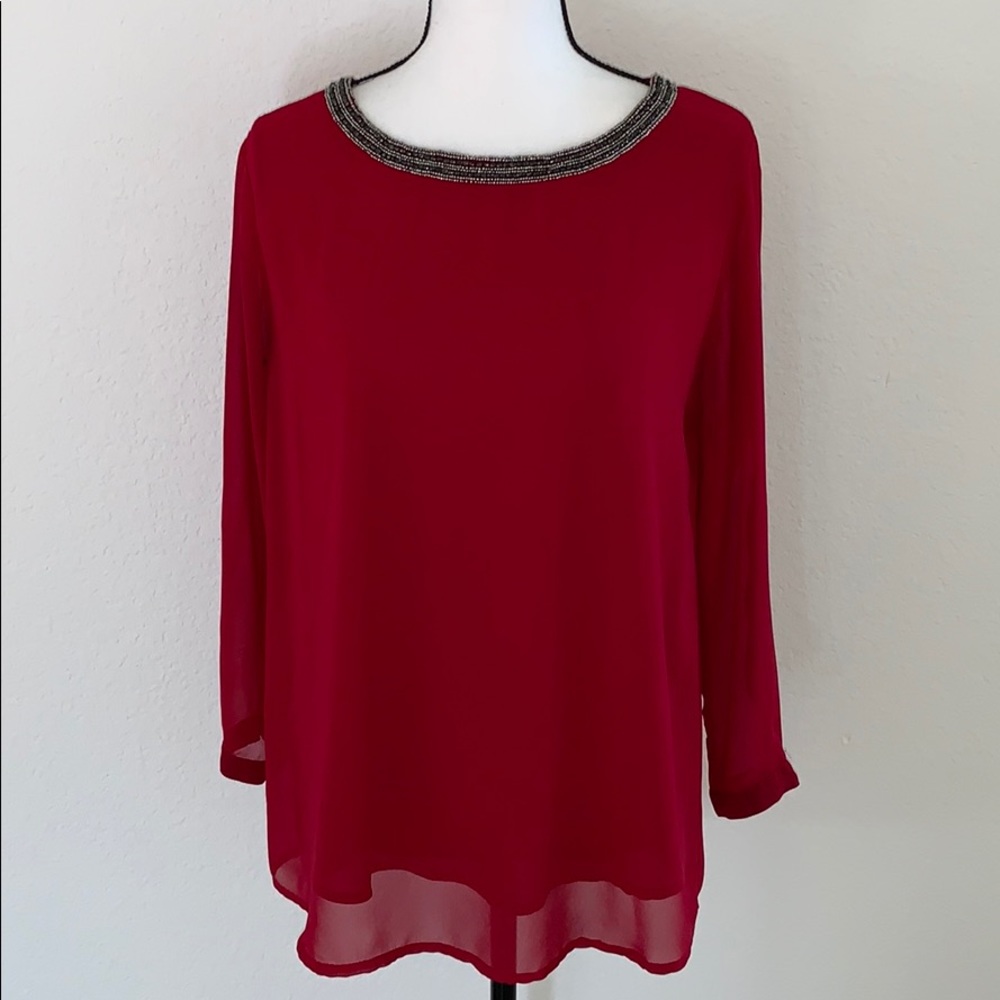 Sheer long sleeve blouse sleeve with jeweled neck
